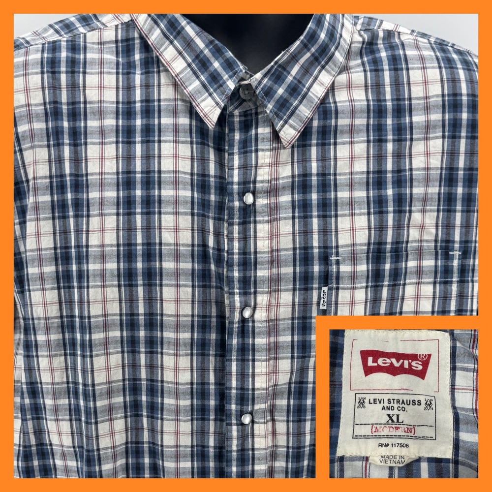 Levi's XL Modern Fit Plaid Button Down Shirt Long Sleeve Menswear Pearl Snap‎